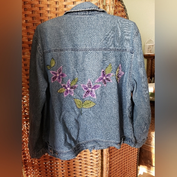 Beaded Purple Flowers Denim Jeans Jacket Tantrums 2x - Picture 2 of 9
